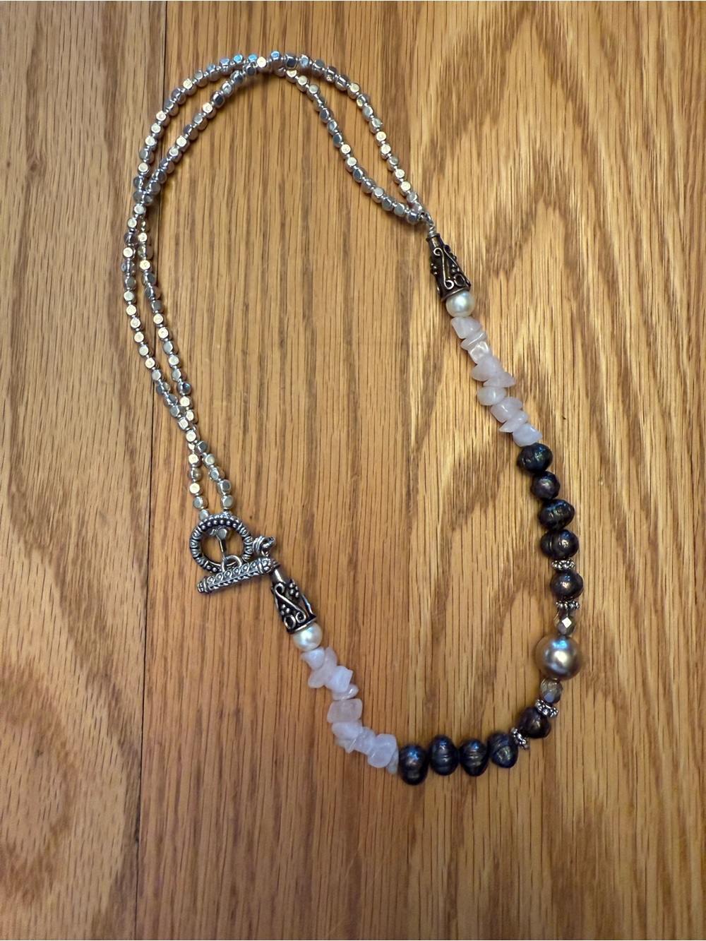 Handcrafted Mixed Bead Women's Necklace in Metallic and Light Pink